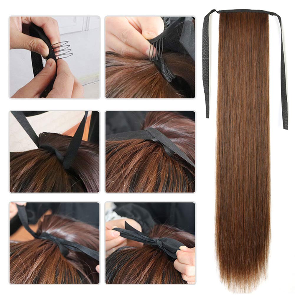 455525.6 in moda mujeres largo recto peluca cola de caballo extensión del pelo Cosplay hairpiece marrón oscuro 25.6 in