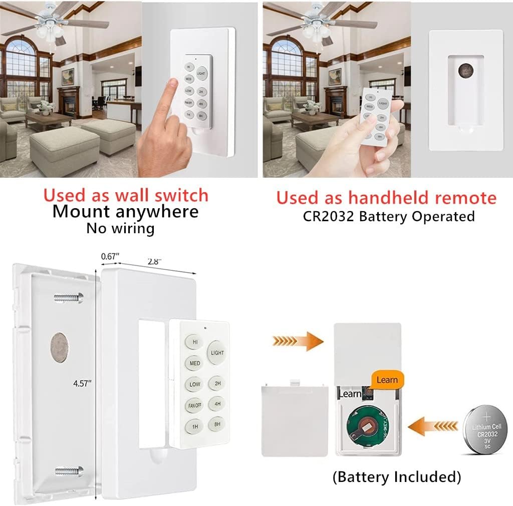 Nexete Kit de control remoto universal para ventilador de techo, inalámbrico montado en la pared, repuesto de sincronización de velocidad del