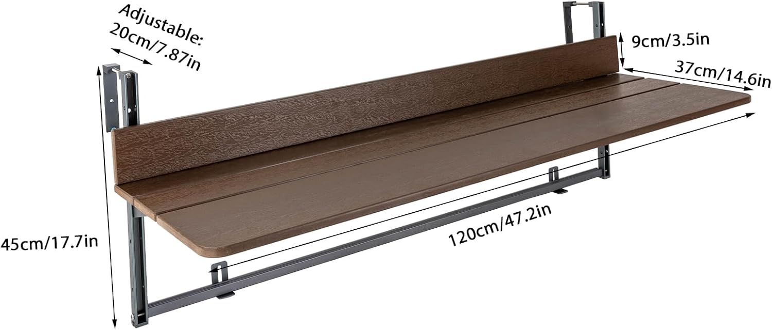 Mesa de bar de balcón para barandillas, mesa de balcón colgante de altura ajustable, mesa colgante plegable para exteriores, mesa de comedor marrón