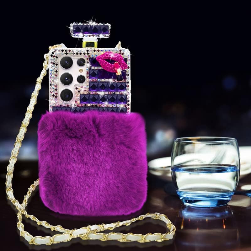 LUVI Compatible con Galaxy S22 Ultra – Funda para botella de perfume para mujeres y niñas, bonita felpa peluda 3D Bling Diamond Glitter Crystal