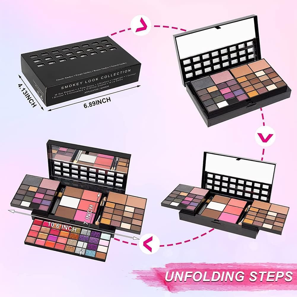 Kit de maquillaje profesional de 74 colores todo en uno, incluye 36 maquillaje de sombra de ojos, 16 brillo de labios, 12 crema con purpurina, 4