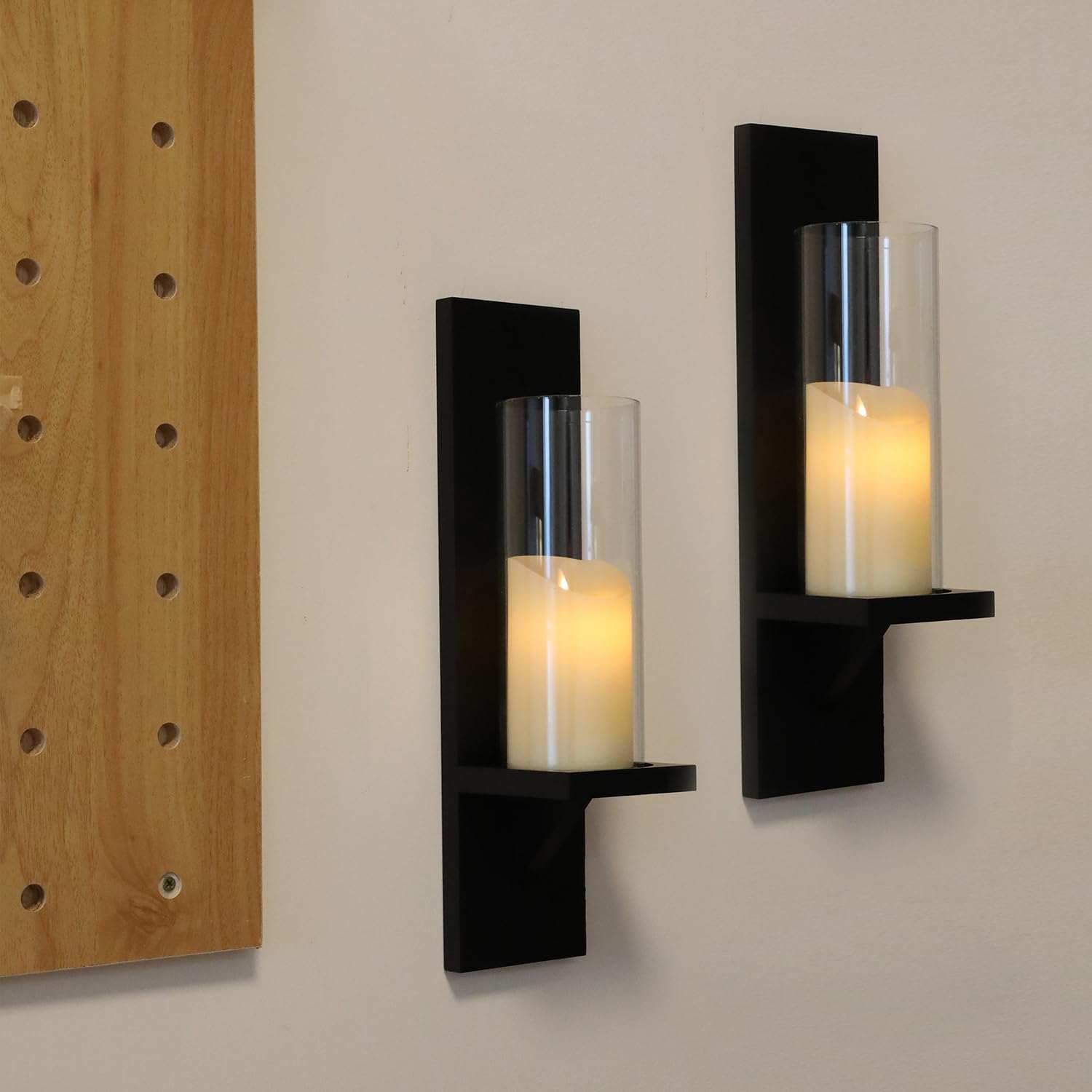 NIKKAPOETRY Juego de 2 candelabros de pared de madera y vidrio negros de 16 pulgadas