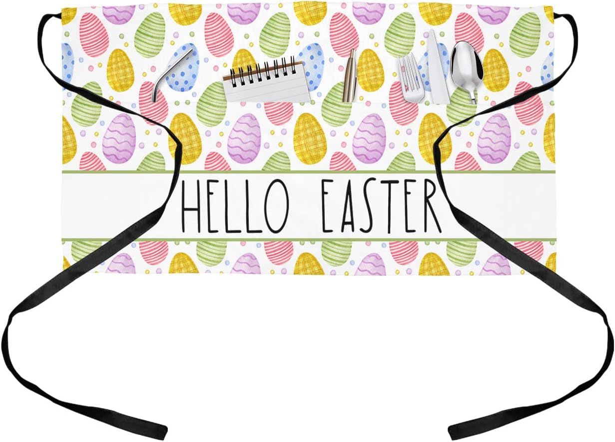 Delantal de camarera con bolsillos, diseño de huevos de Pascua con bolsillos, cintura de vacaciones de primavera, medio impermeable, cocina,