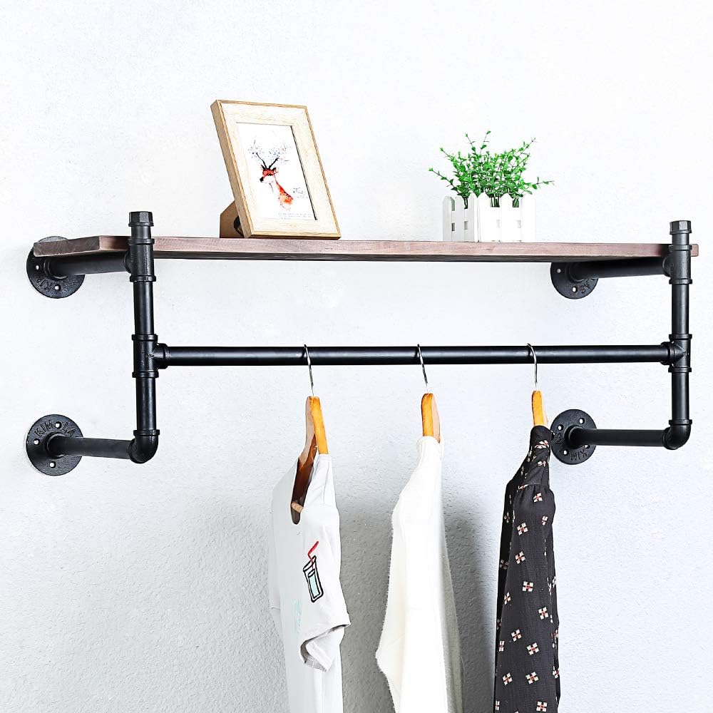 Estante industrial de la ropa del tubo montado en la pared con estante de madera,Estante de la ropa al por menor rústico estante de la exhibición de