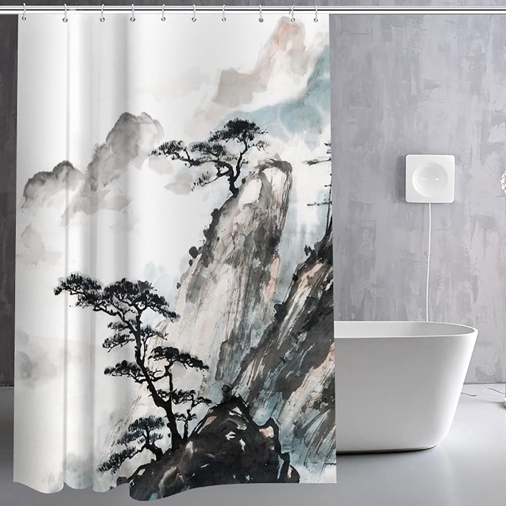 Wallall Cortina de baño con pico de montaña y pino, cortina de baño de paisaje natural, cortina de baño china tradicional con acuarela, juego de