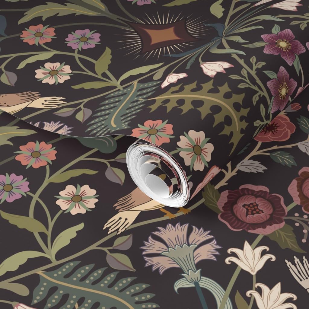 Spoonflower Muestro de papel tapiz extraíble  Arte tradicional floral folclórico pájaros, verde victoriano, color burdeos, papel tapiz prepegado