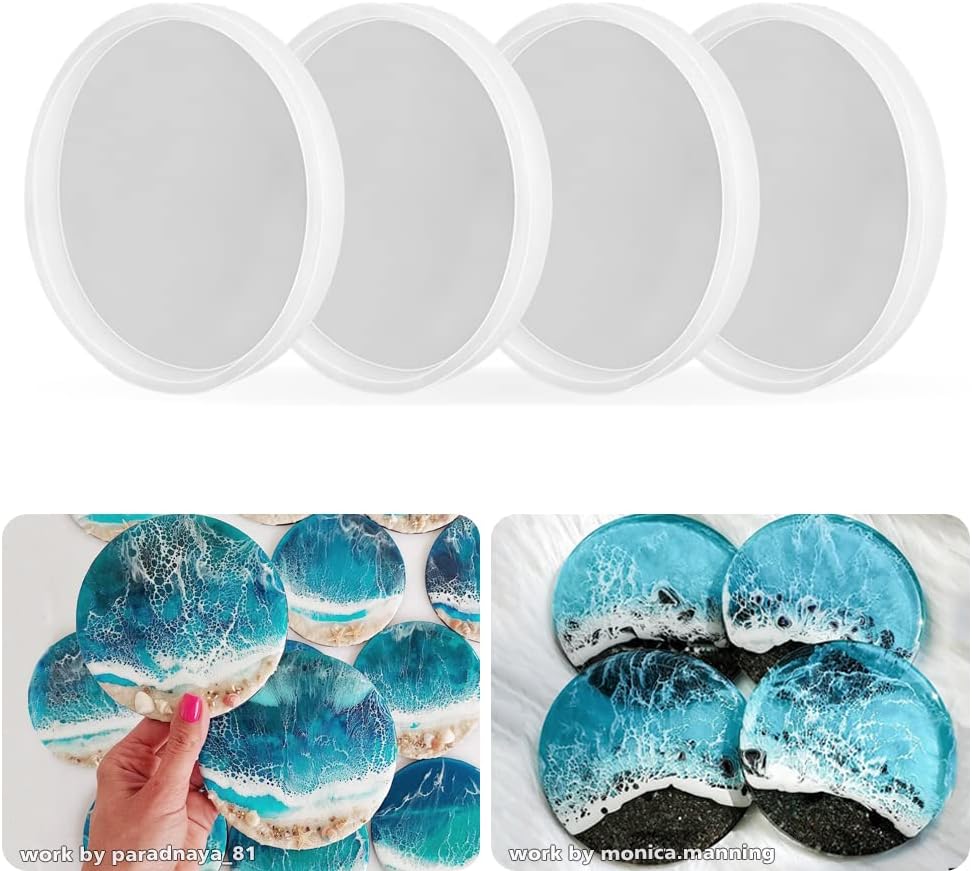 ResinWorld Paquete de 4 moldes redondos de 4 pulgadas, moldes de silicona gruesos para fundición de resina, posavasos de silicona de ágata geoda,
