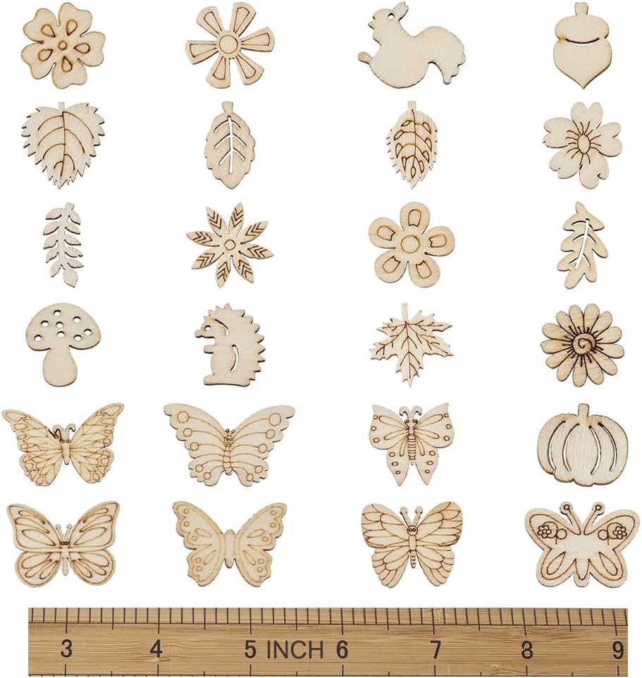 Elecrelive – 300 piezas de recortes de madera sin acabar, hojas de flores, mariposas, pequeñas piezas de madera en blanco, adornos colgantes para