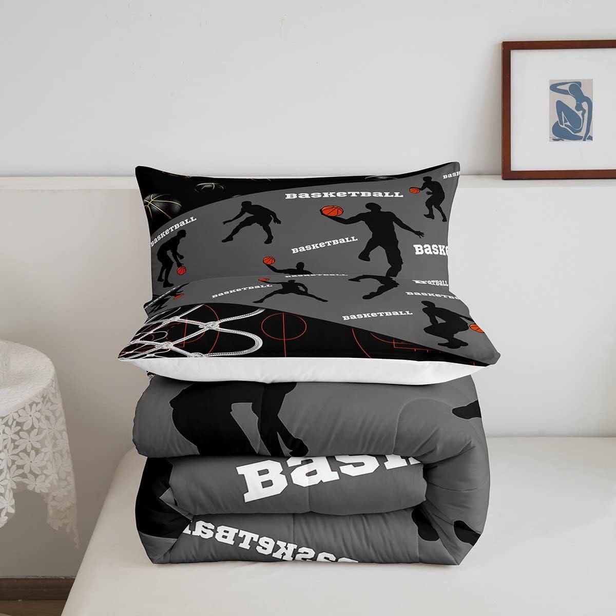 Erosebridal Juego de ropa de cama de baloncesto tamaño Queen, juegos de edredón deportivos para niños, color gris y negro, juego de ropa de cama de