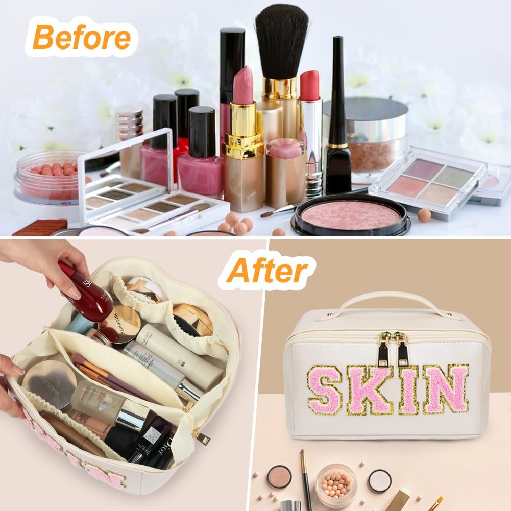 Bolsa de cosméticos de viaje de gran capacidad, bolsa de maquillaje con letras de chenilla, bolsa de maquillaje de piel sintética, organizador plano