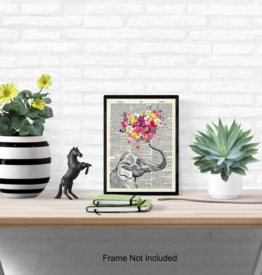 Elephant Dictionary Art Print – 8×10 Sweet Shabby Chic Poster for Home, Wall, Room Decor, Decoration, Bedroom, Bathroom – Cool, Unique Romantic Gift