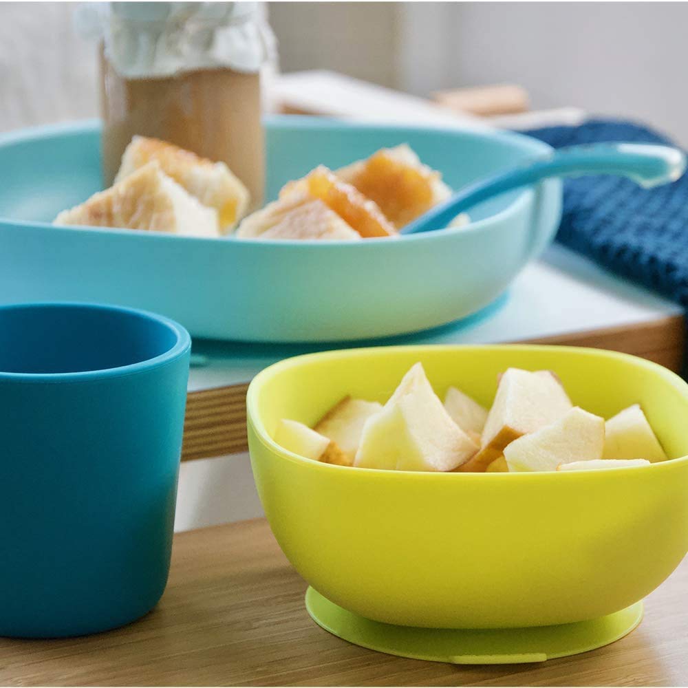 BEABA Juego de 4 piezas de cubiertos de alimentación autónoma y silicona para niños pequeños, parte inferior de succión suave, irrompible y