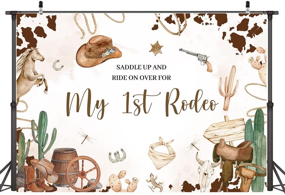 Hilioens Fondo de 7 x 5 pies con texto en inglés “My 1st Rodeo”, fondo de primer cumpleaños de vaquero occidental para niña, cactus del salvaje