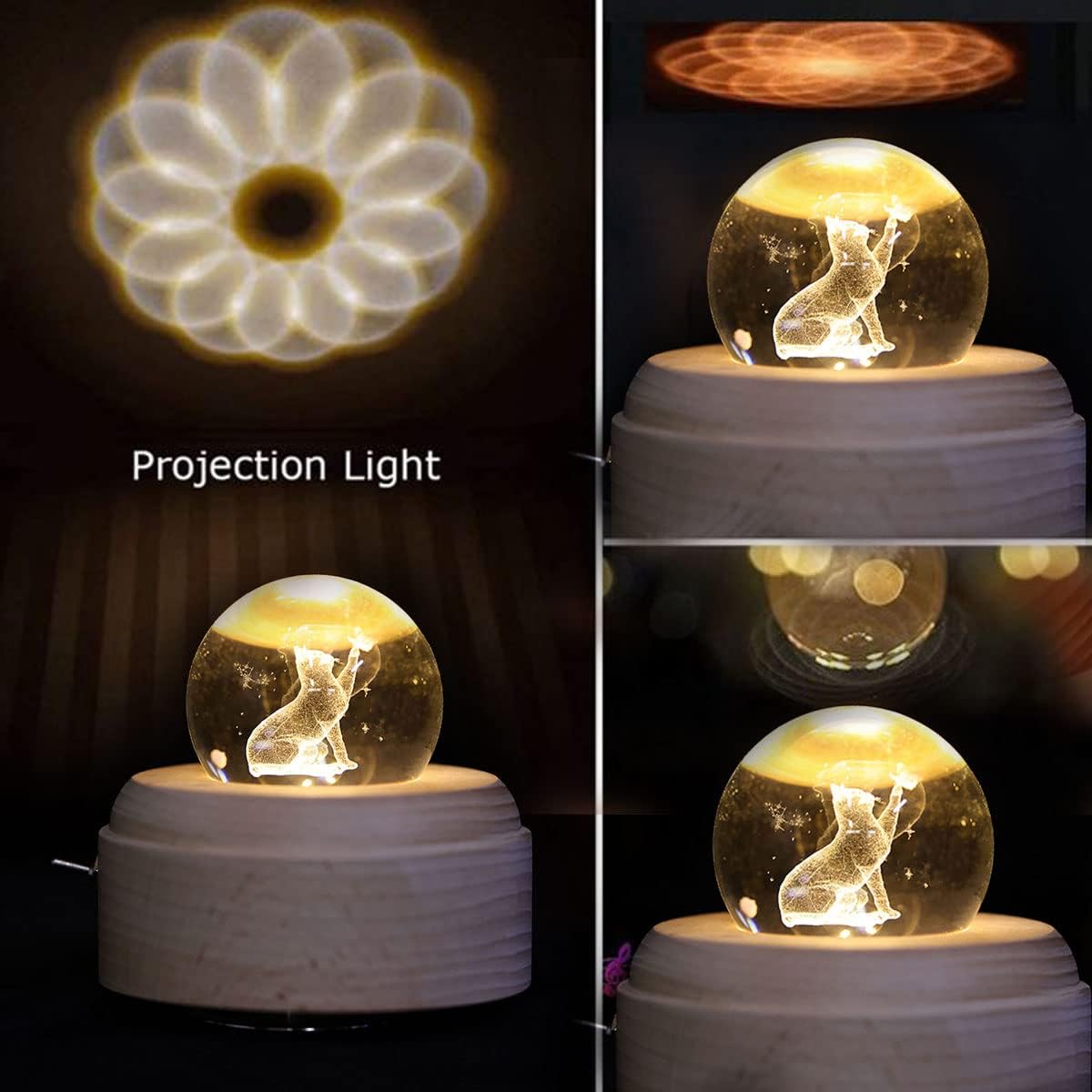 QIANLING Caja de música de bola de cristal recargable 3D con luz de proyección LED y base de madera giratoria, caja de música creativa de bola de
