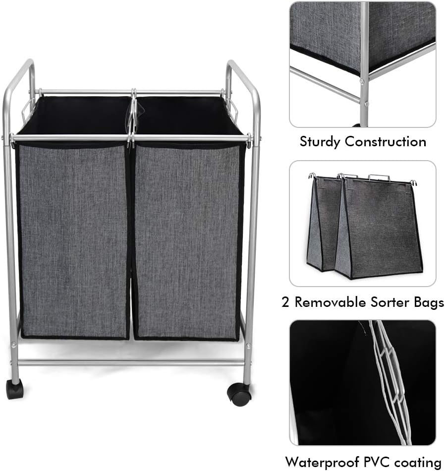 Carrito clasificador de ropa sucia resistente, 2 bolsas con ruedas enrollables, bolsas extraíbles, organizador de cesta de lavandería y contenedores