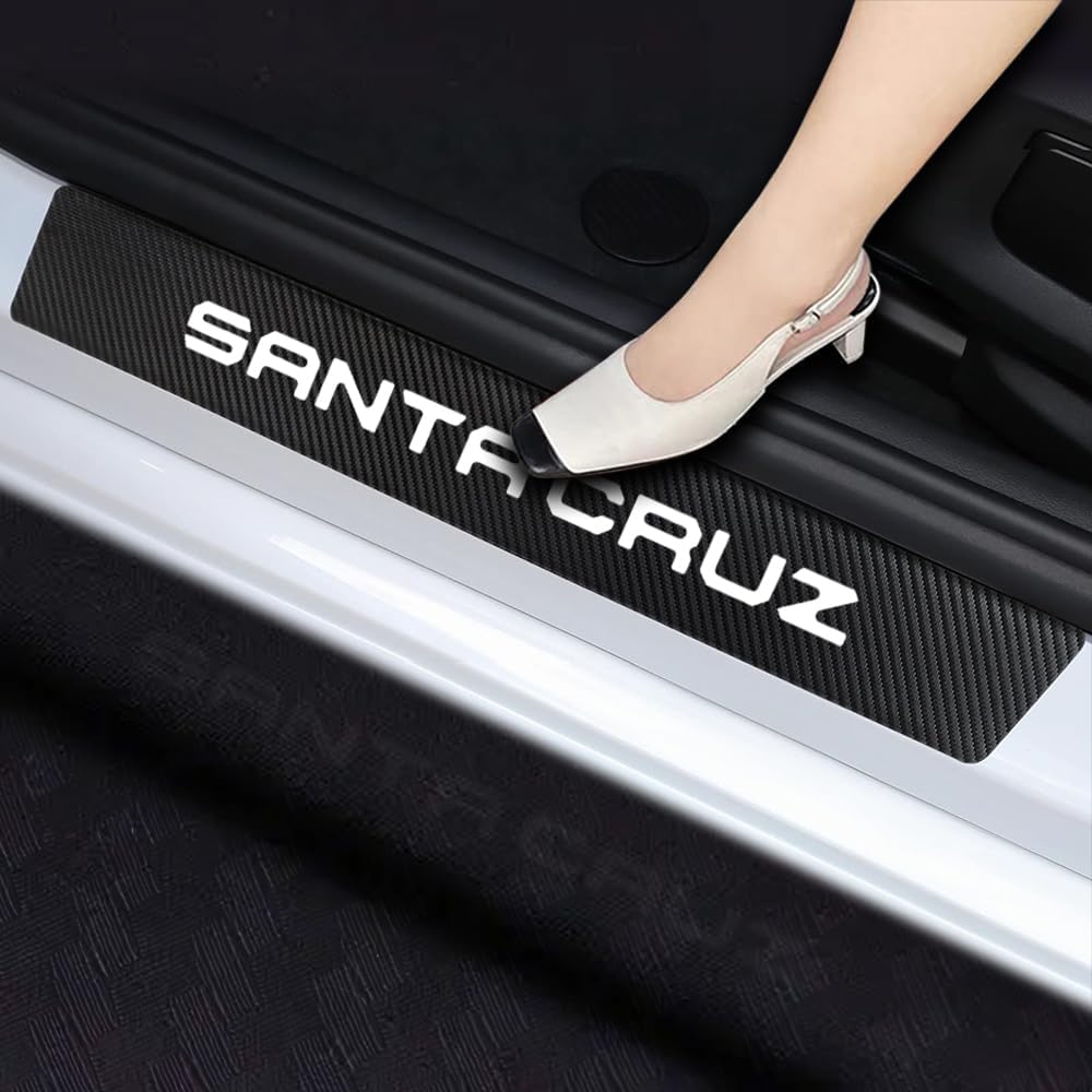4 protectores de umbral de puerta de automóvil compatibles con Hyundai Santa Cruz, accesorios de automóvil, fibra de carbono, cuero texturizado de