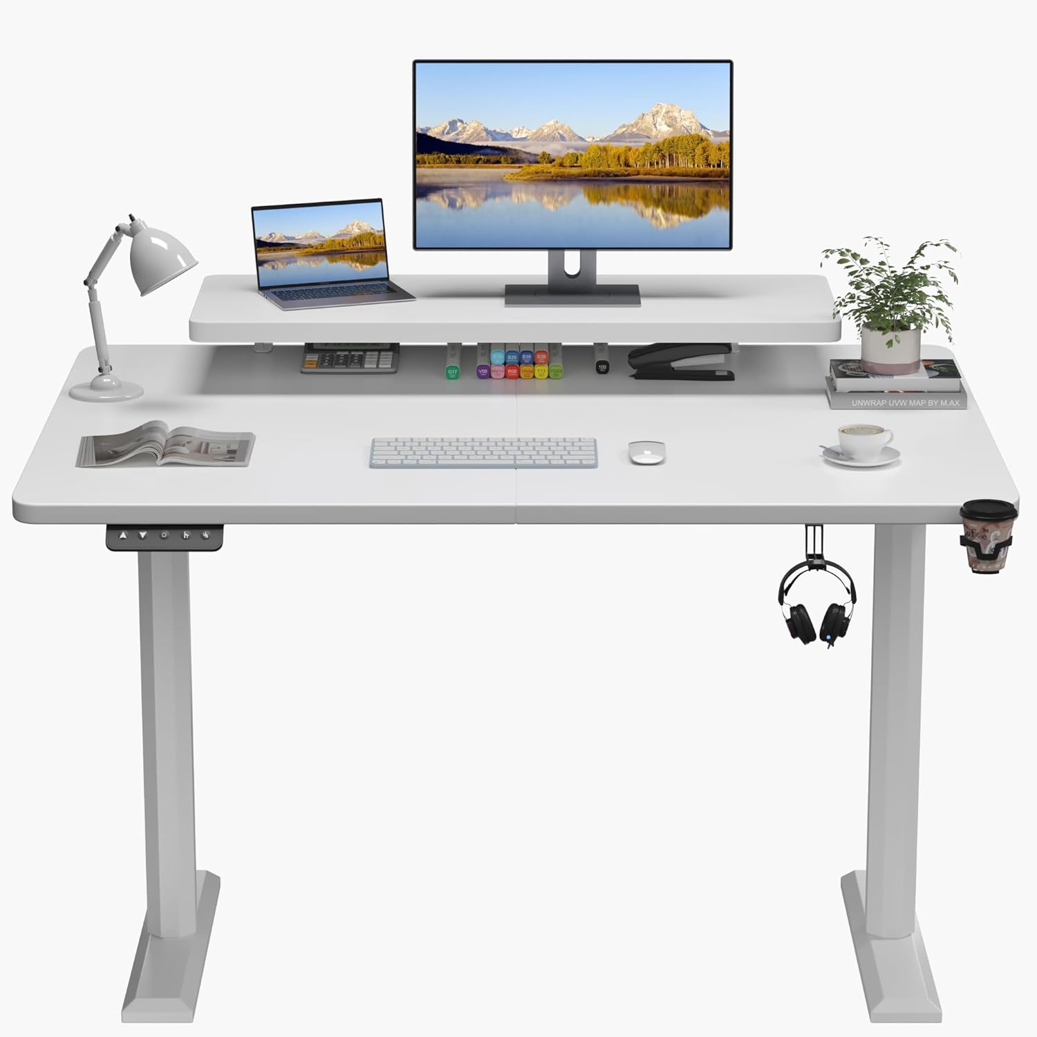 Shahoo Escritorio eléctrico de pie con estante para monitor, mesa de esquina ajustable de altura de 47 x 24 pulgadas, estación de trabajo para