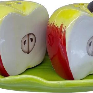 Juego de 2 saleros y pimenteros de frutas de cerámica, recipientes de almacenamiento para dispensadores de especias, manzana Juego de 2 saleros y pimenteros de frutas de cerámica, recipientes de almacenamiento para dispensadores de especias, manzana