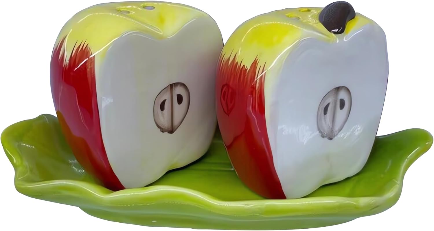 Juego de 2 saleros y pimenteros de frutas de cerámica, recipientes de almacenamiento para dispensadores de especias, manzana