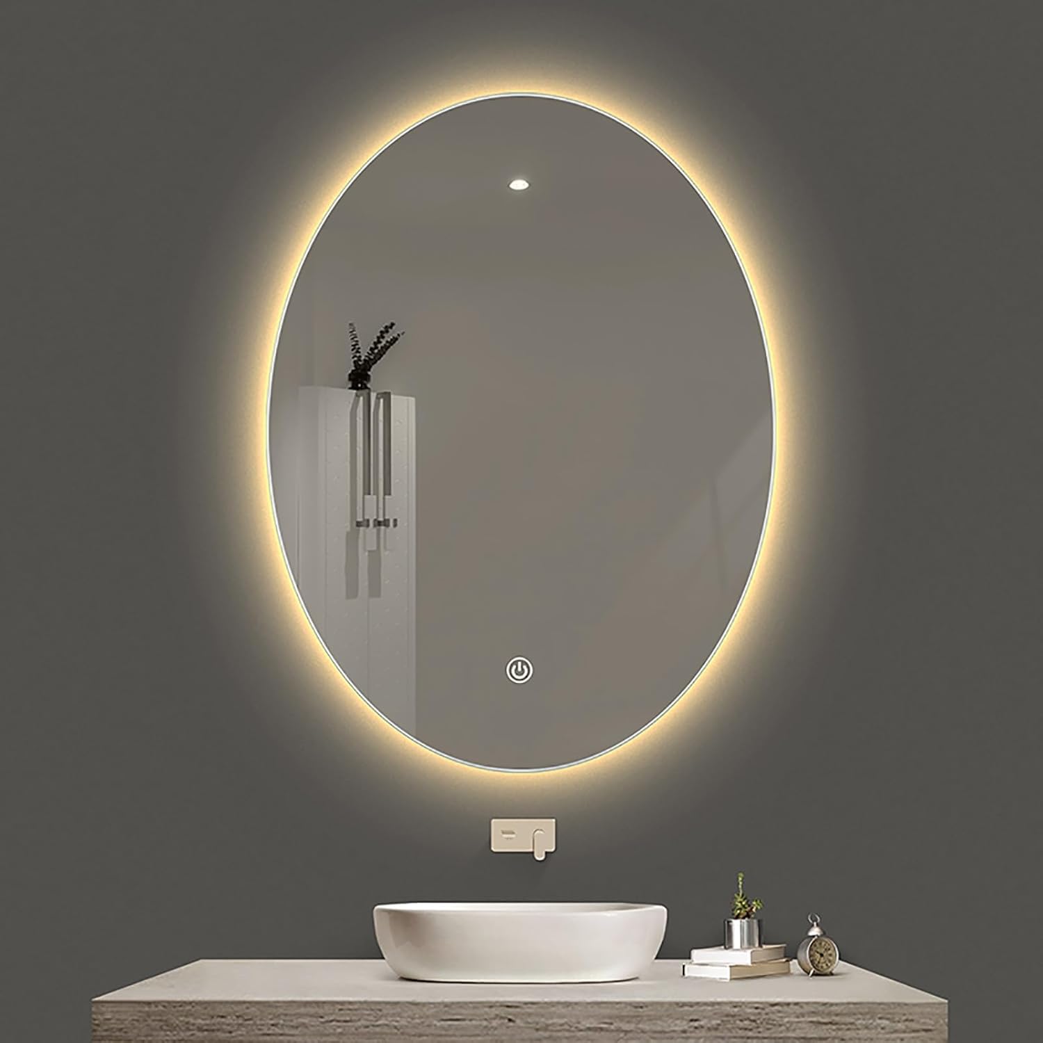 Espejo LED ovalado para baño, espejo de tocador con luces, espejo circular antivaho montado en la pared para dormitorio (color cálido, tamaño 19.7 x
