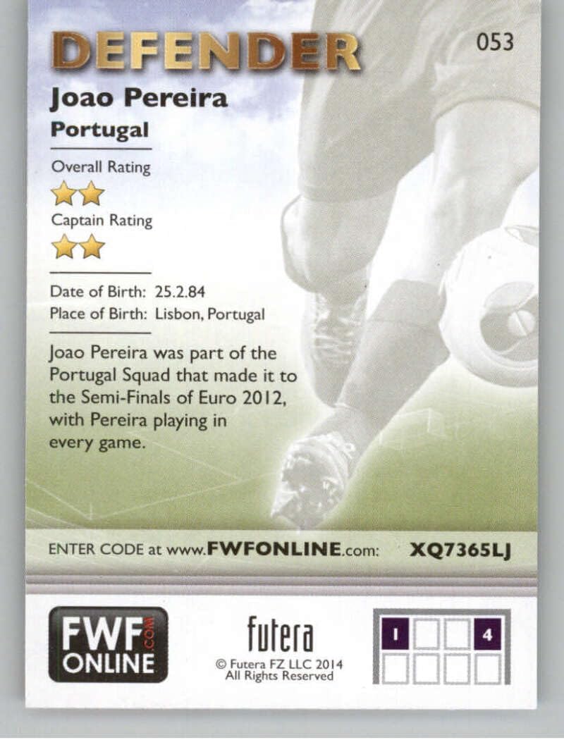 2014 Futera World Football Online Series 4 Issue 1#53 Joao Pereira Portugal Soccer Card in Raw (NM or Better) Condition