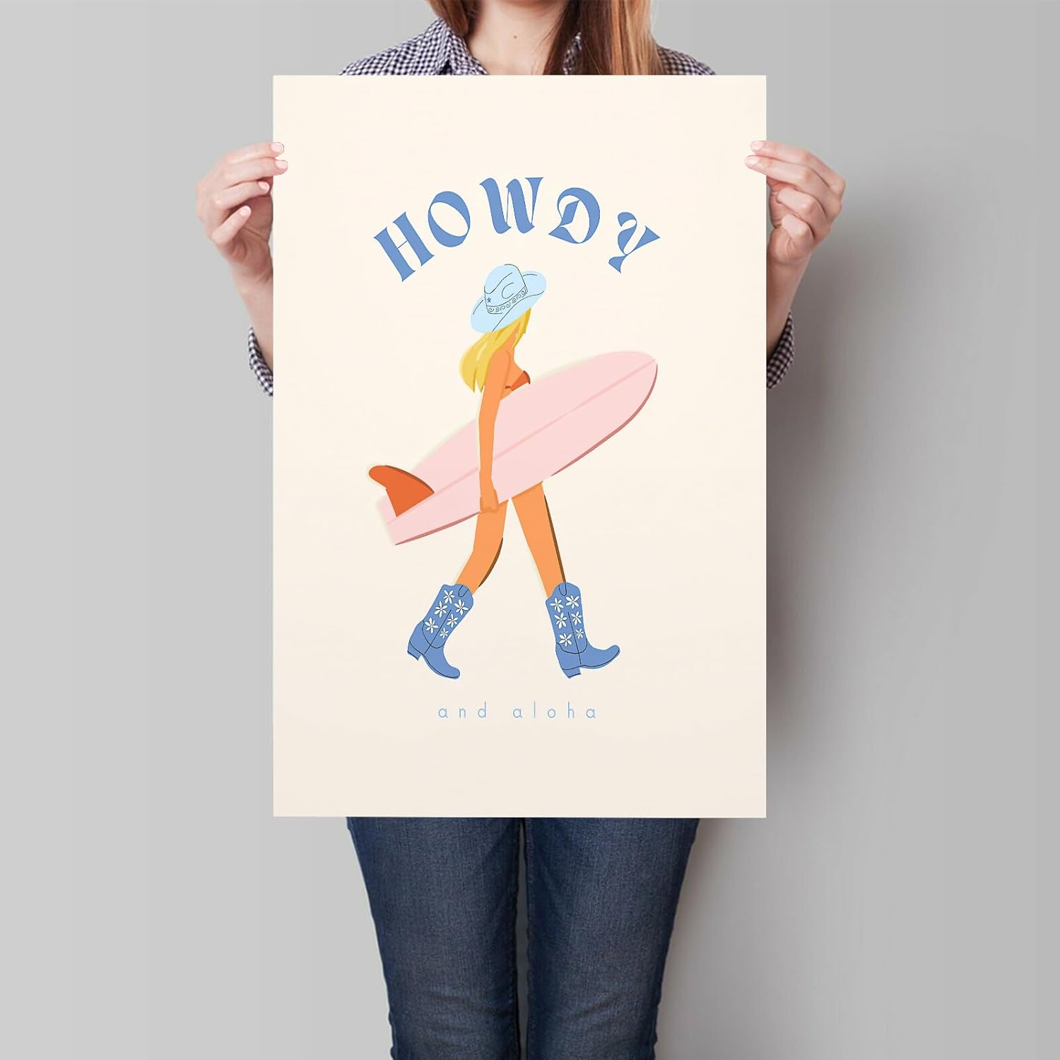 gooptyinh Lienzo decorativo de pared de vaquera costera de moda, póster estético de habitación de niña surfista azul Howdy y Aloha, decoración de