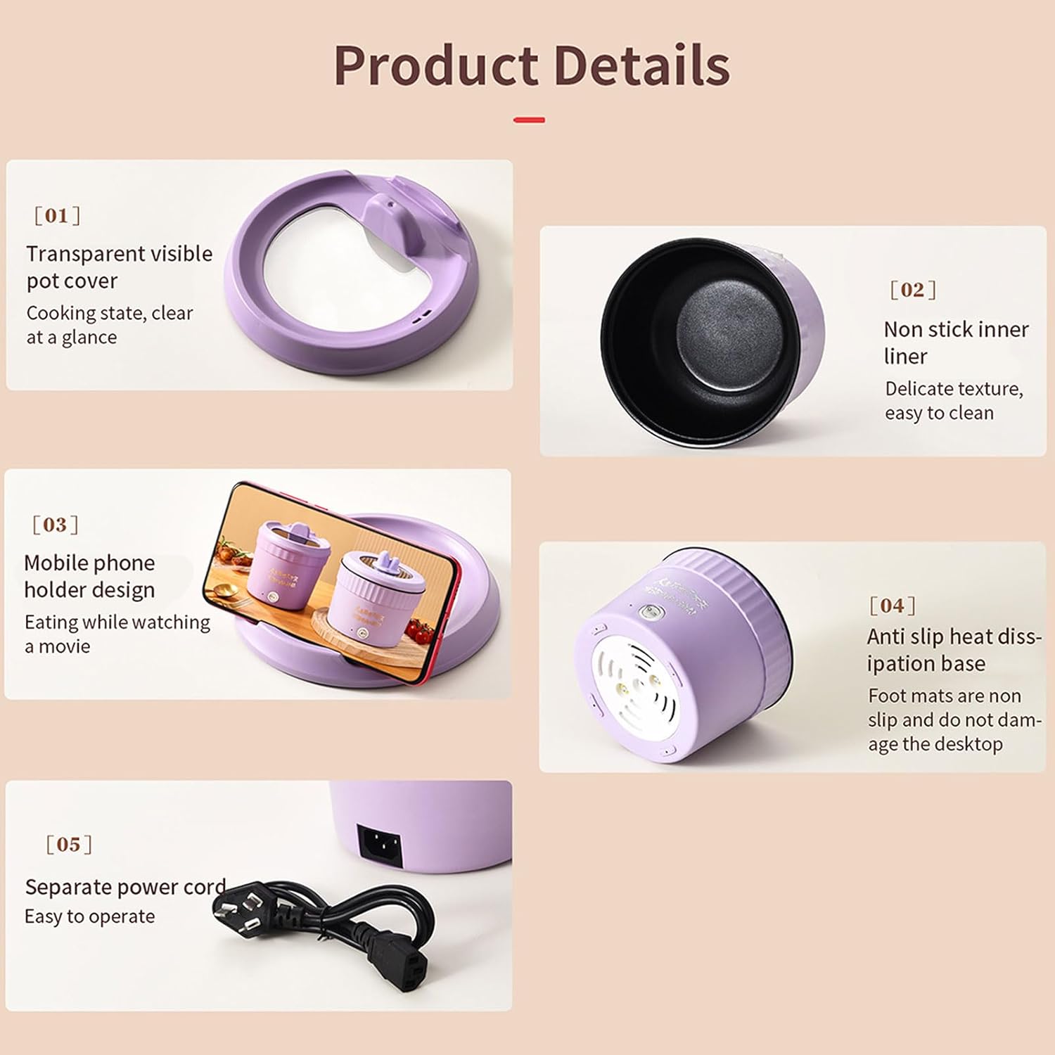 Mini olla eléctrica, olla pequeña multifuncional, olla caliente eléctrica versátil, sartén de 1.2 L con tapa y soporte para teléfono, olla de ramen