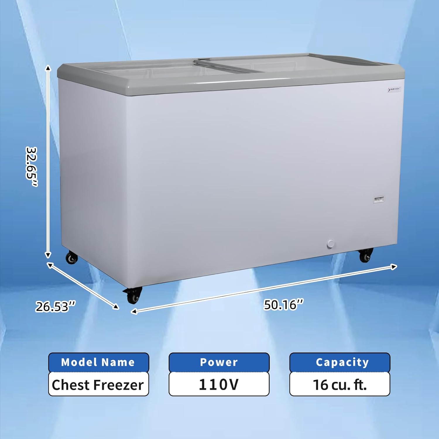 Congelador comercial de 16 pies cúbicos con luz LED, rango de temperatura de -8 F y 0 F, congelador de pantalla superior de vidrio con 6 cestas de