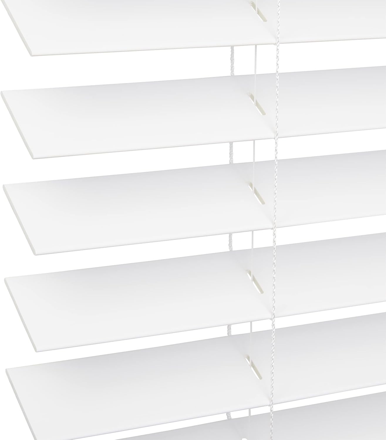 Lotus & Windoware Persiana de madera sintética de 2 pulgadas sin cable, 28.5 pulgadas de ancho x 48 pulgadas de largo, suave, blanco brillante