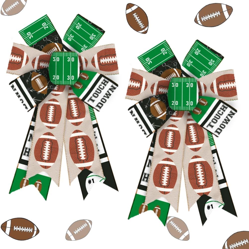 2 lazos de corona de fútbol americano, lazos de arpillera de rejilla para corona, lazo de tela deportiva de lino para fiesta de Super Bowl,
