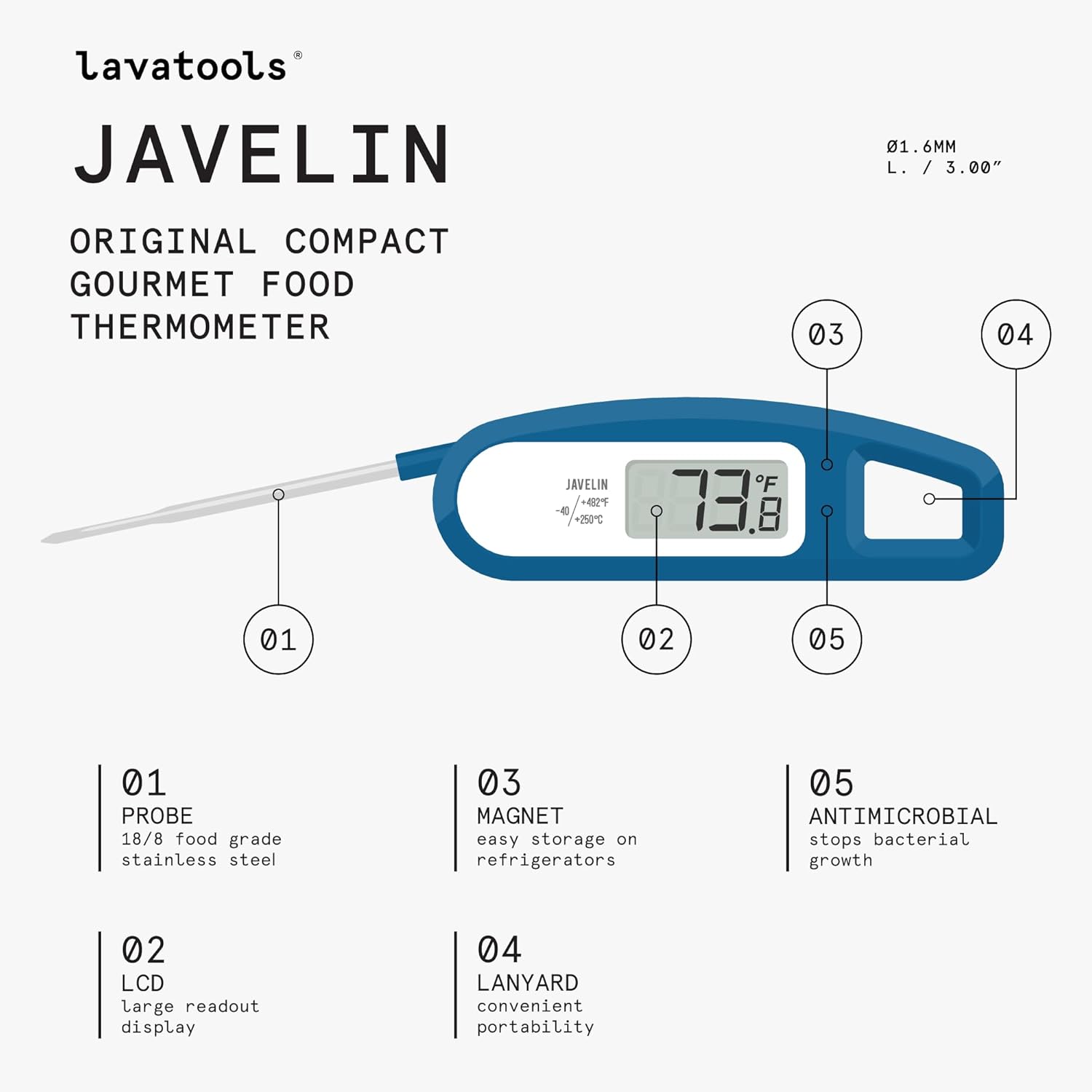 Termómetro para carne digital instantáneo Javelin de Lavatools, Índigo