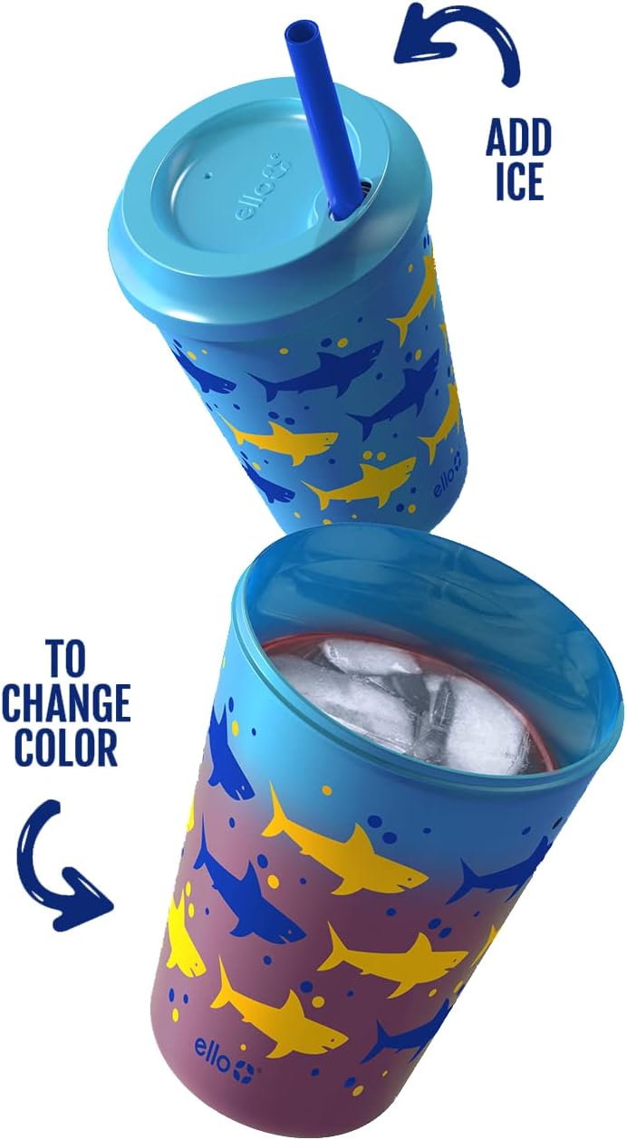 Ello Vasos de plástico reutilizables para niños de 12 onzas que cambian de color camaleón con tapas y popote
