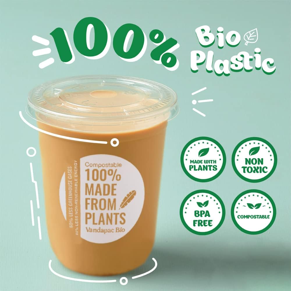 Vasos compostables prémium con tapas, vasos de plástico de 18 oz (10 tazas). Vasos biodegradables resistentes que son vasos fríos ecológicos. Vasos