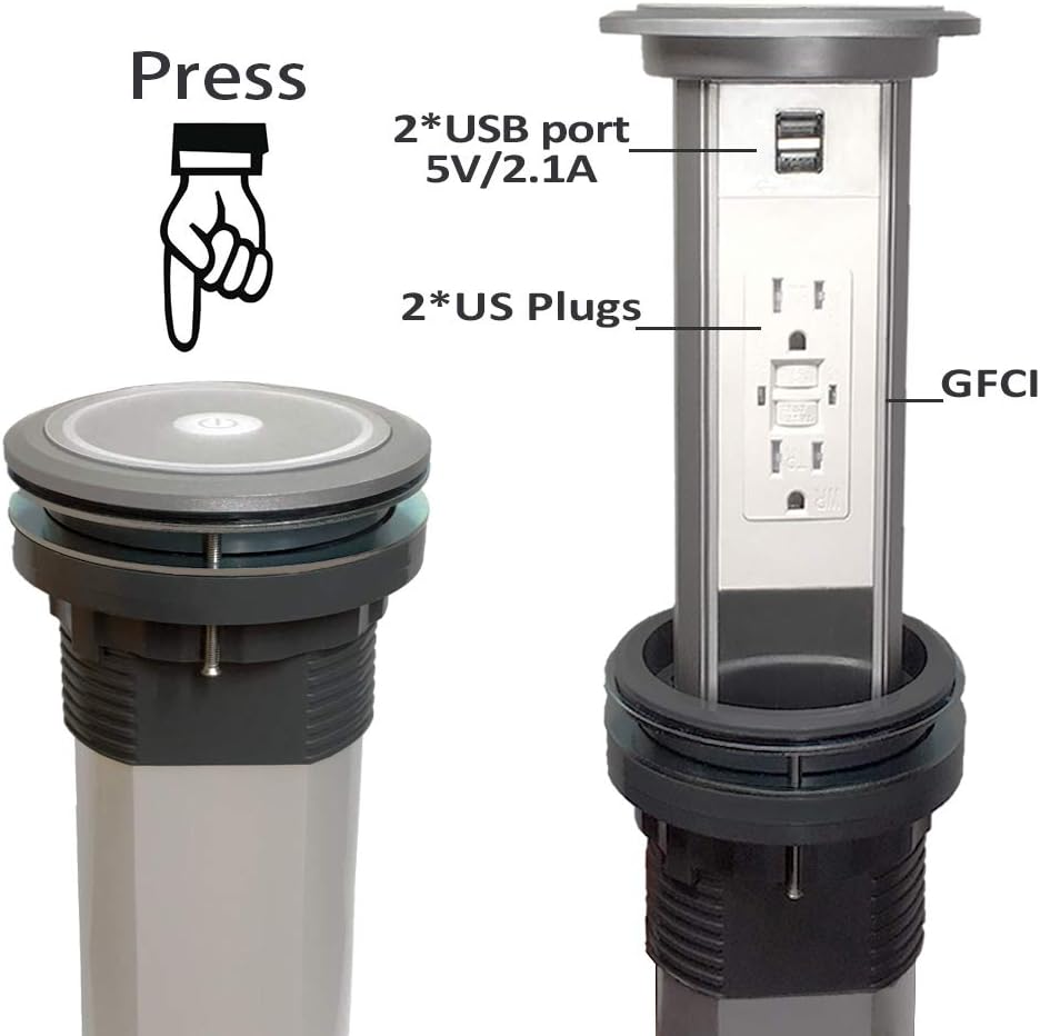 Inteligente Eléctrico Pop Up Socket Surge Certificación UL GFCI Protector 15 Amp Receptáculos, Regleta de alimentación retráctil, encimera redonda,
