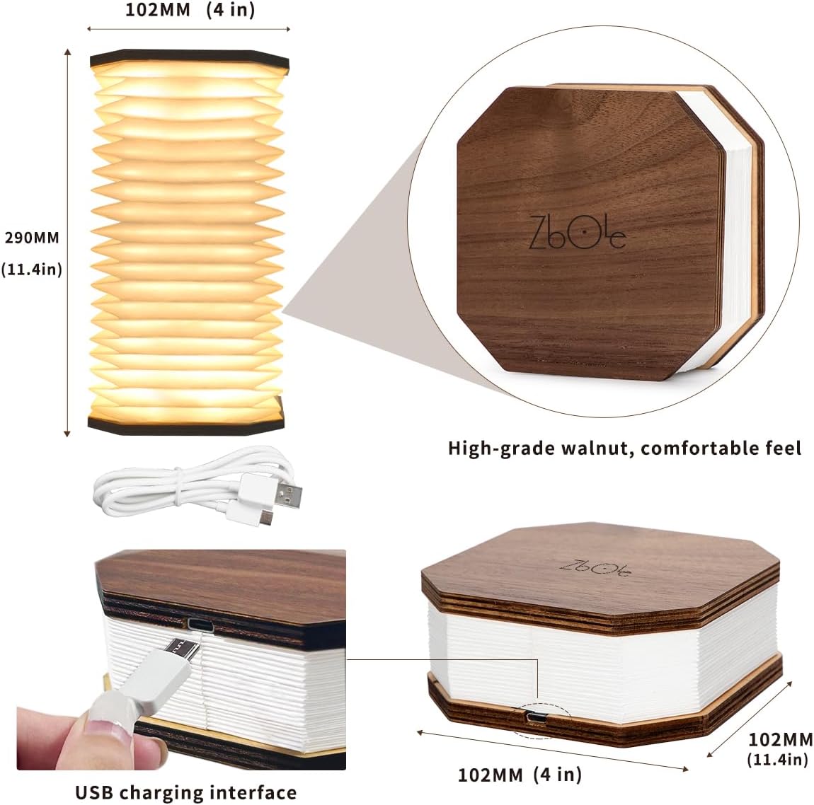 ZBOLE Originality – Lámpara plegable de órgano, lámpara de escritorio portátil de madera, iluminación ambiental, linterna de papel LED creativa con
