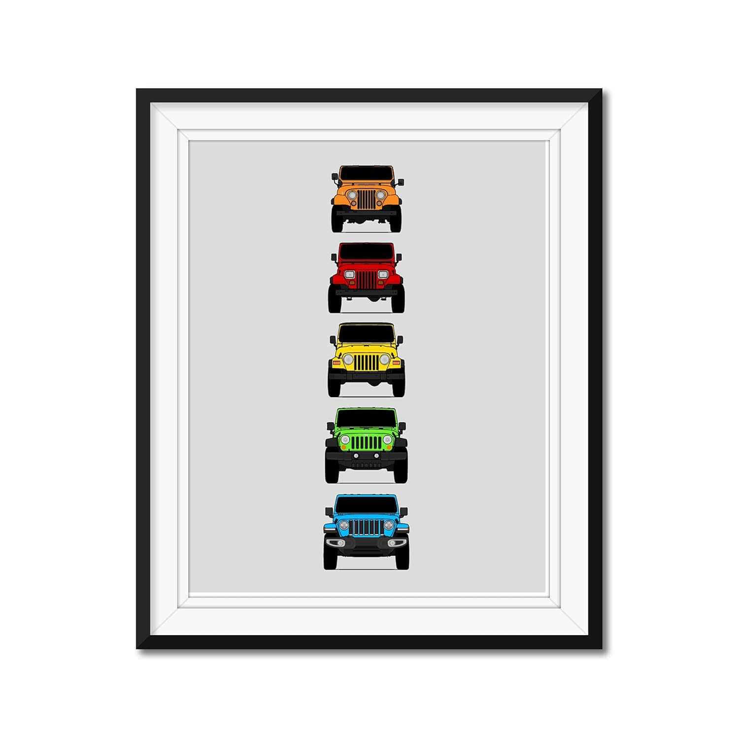 Jeep Wrangler Generations (CJ, YJ, TJ, JK, JL) Inspired Poster Print Wall Art of the History and Evolution of the Wrangler Generations (Unframed)