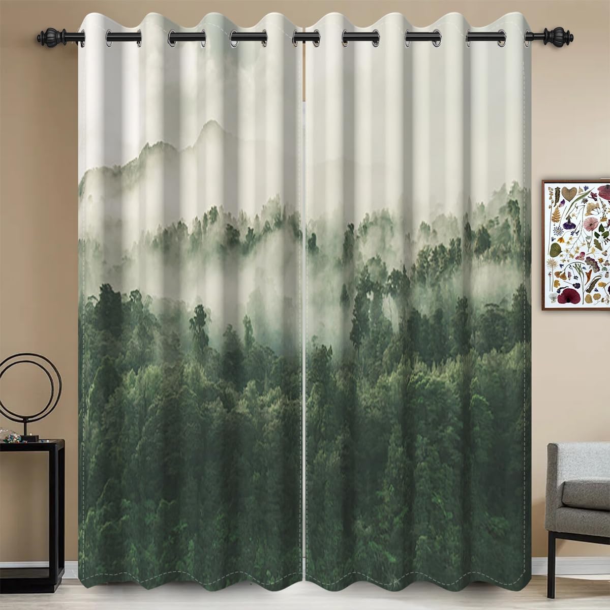Umpoo Cortinas opacas de bosque abstracto de 52 x 63 pulgadas, bosque verde, montaña, nubes blancas brumosas, paisaje natural para sala de estar,