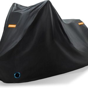 Funda impermeable para motocicleta y scooter para todas las estaciones, protección solar al aire libre, tres cintas reflectantes con agujeros de Funda impermeable para motocicleta y scooter para todas las estaciones, protección solar al aire libre, tres cintas reflectantes con agujeros de