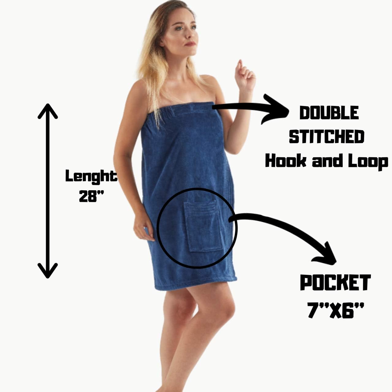 C&B – Toalla envolvente para mujer, 100% algodón turco orgánico, ajustable, para spa, gimnasio, piscina con bolsillo (azul marino)