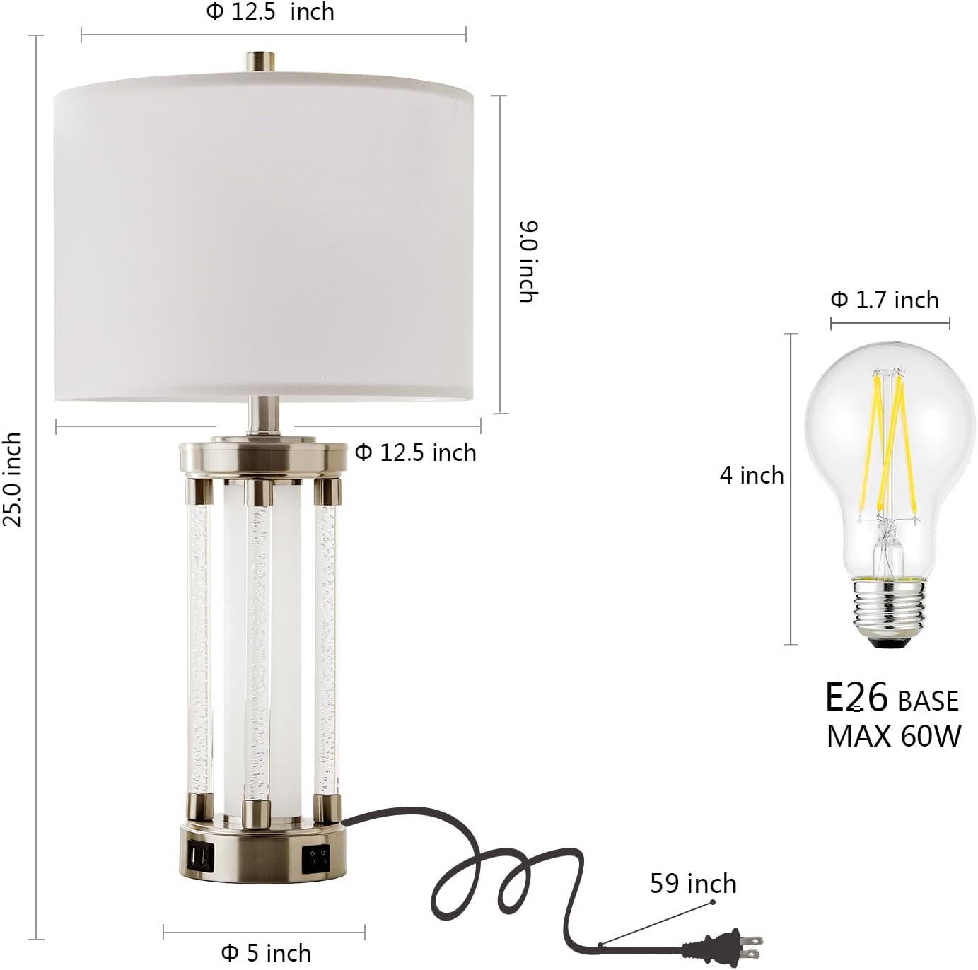 RORIA Juego de 2 lámparas de mesa modernas para sala de estar, dormitorio, lámpara de mesita de noche con 2 puertos USB, lámpara de noche de cristal