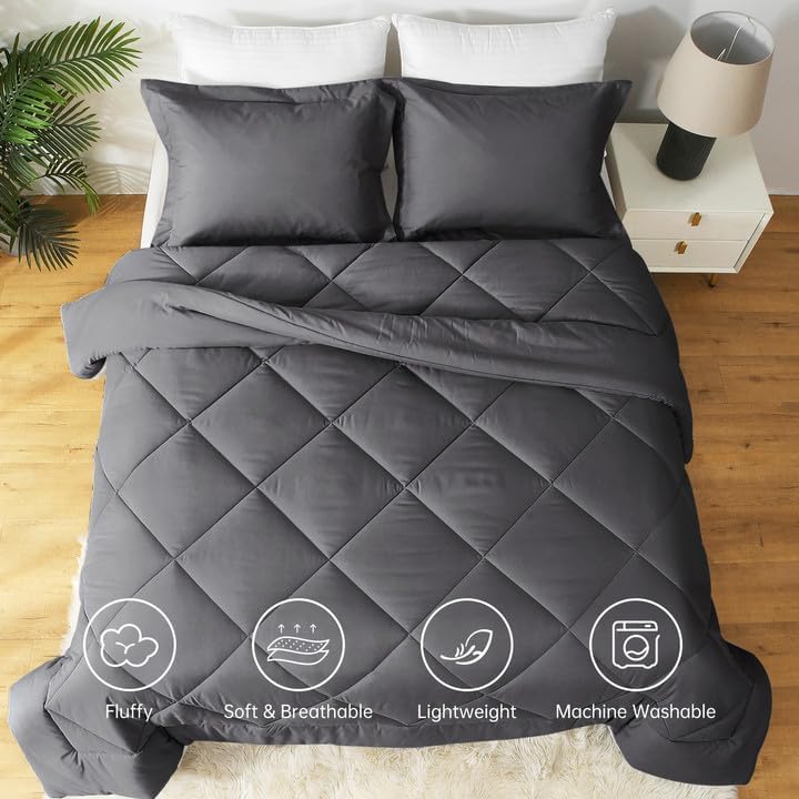 JOLLYVOGUE Juego de edredón tamaño King gris oscuro, juego de cama reversible en una bolsa para todas las estaciones, juego de cama de 3 piezas con