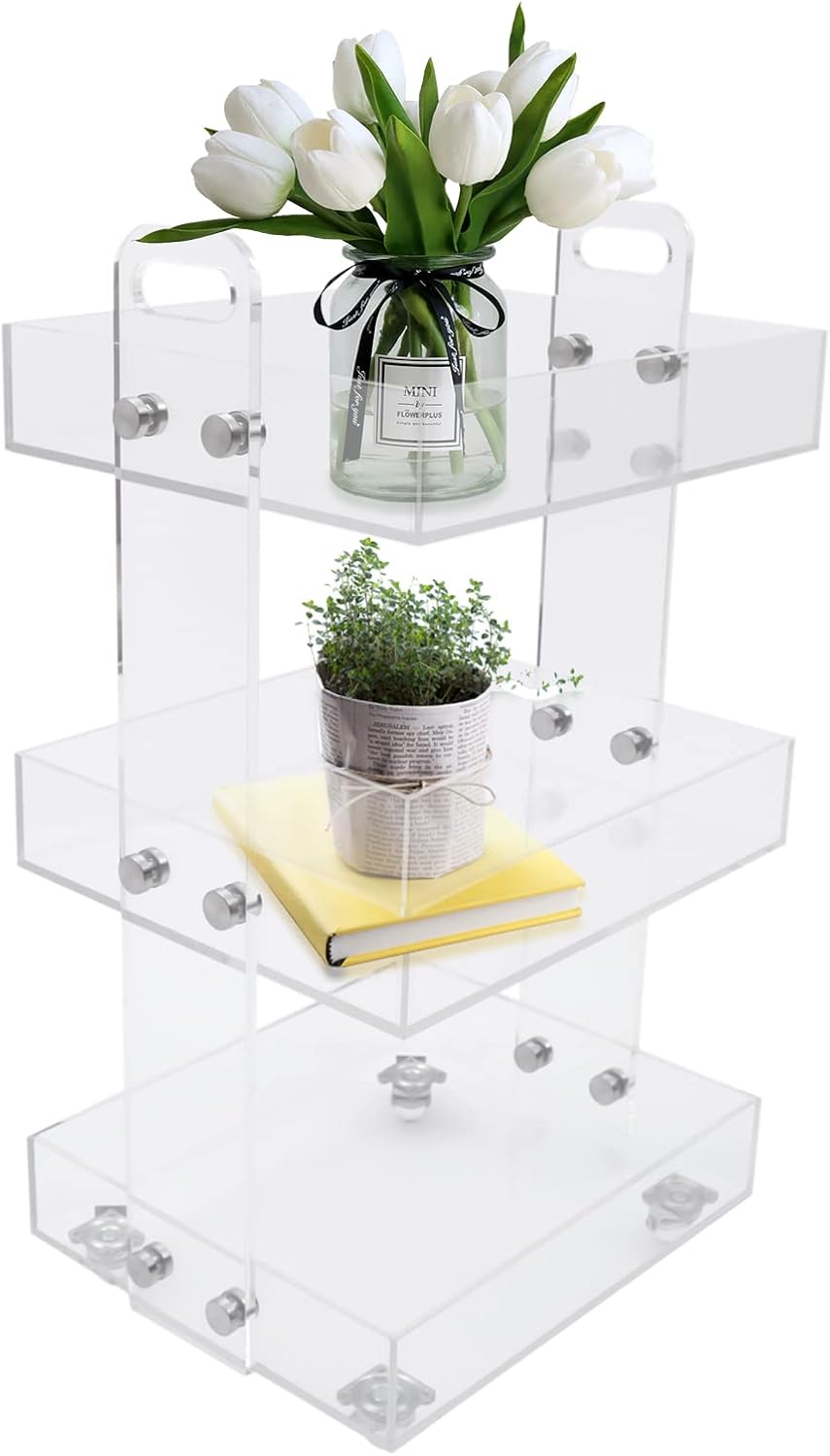 Carrito de acrílico de 3 niveles, carrito de almacenamiento multiusos, organizador de almacenamiento móvil con ruedas para baño, cocina, lavandería