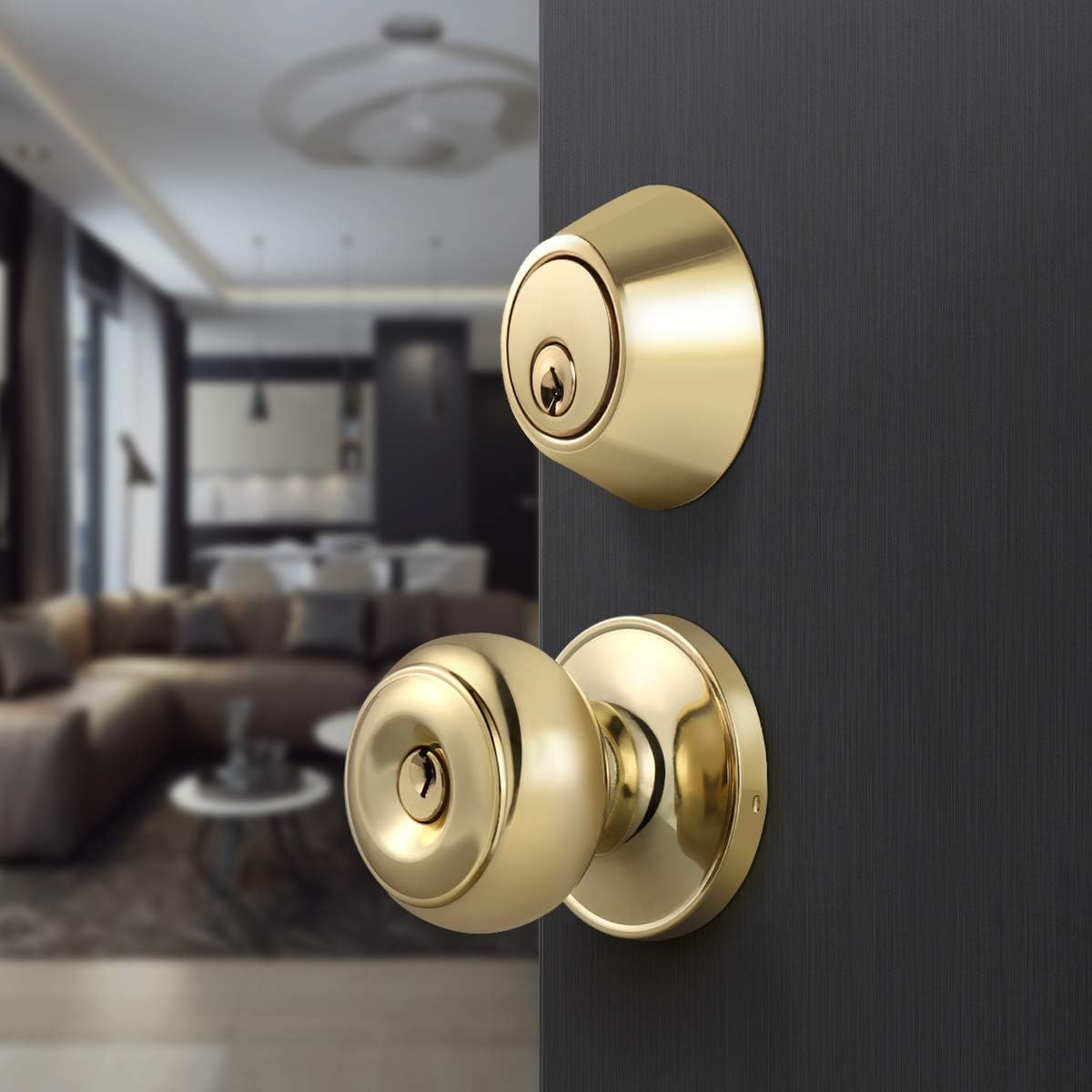 Paquete de 2 pomos de puerta de entrada con llave igual con cerradura de cerrojo de doble cilindro para cerradura de entrada y puerta delantera con