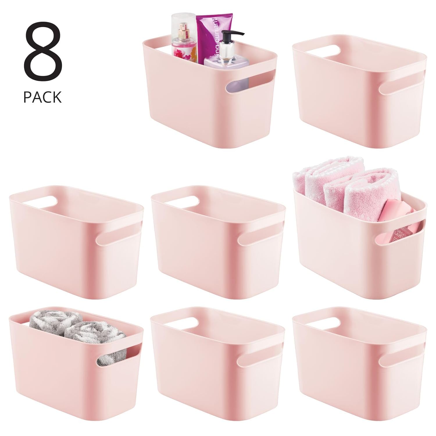 mDesign Contenedor de baño de plástico profundo con asas, organizador de almacenamiento para encimera de tocador, jabón corporal, champú, loción,