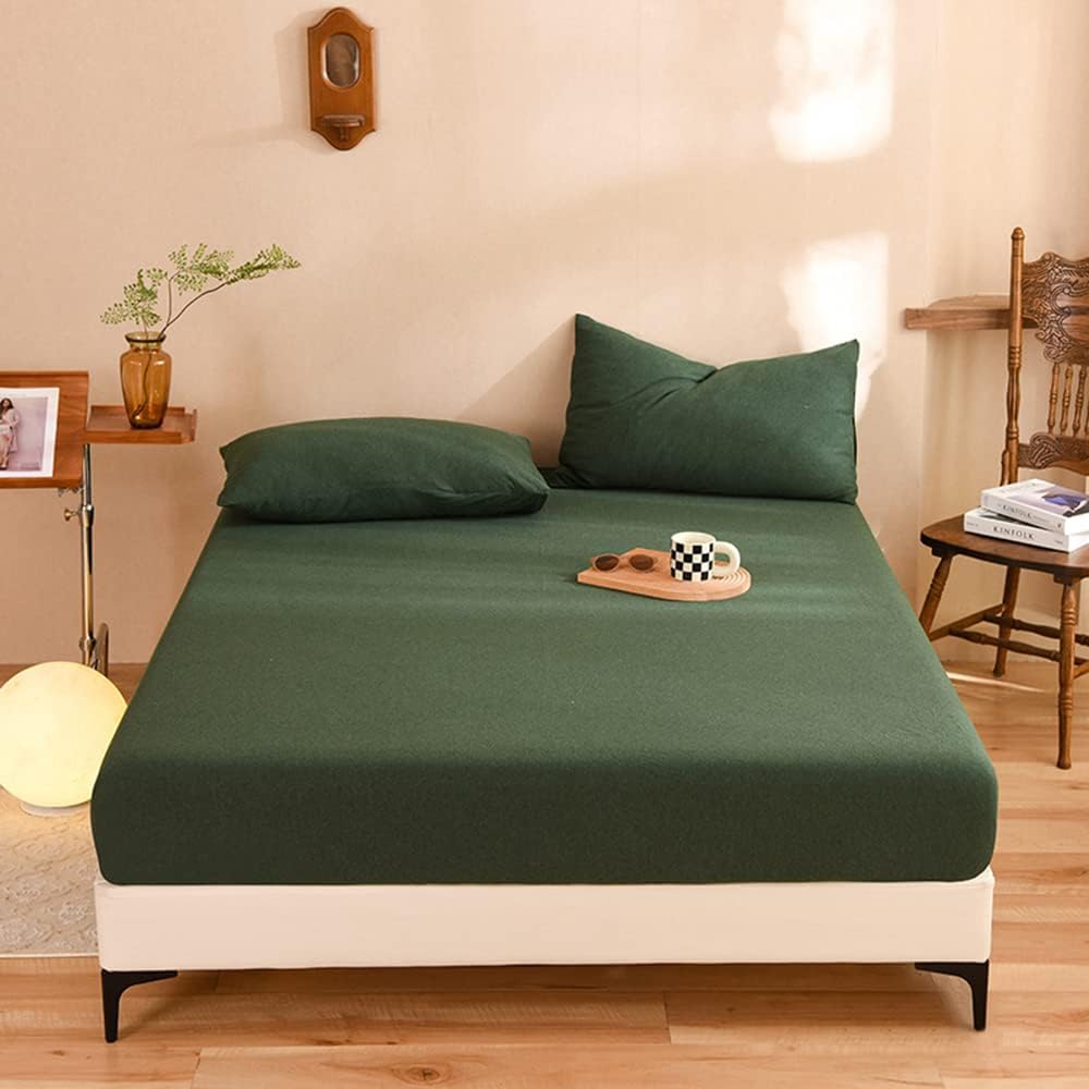 Mengersi Juego de ropa de cama, material de algodón de punto jersey, bolsillos profundos, individual XL, verde bosque