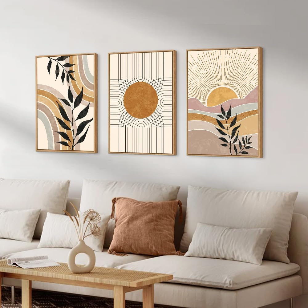 HPINUB – Lienzo enmarcado bohemio para pared, juego de 3 decoración de pared moderna de mediados de siglo, plantas naturales, pinturas artísticas