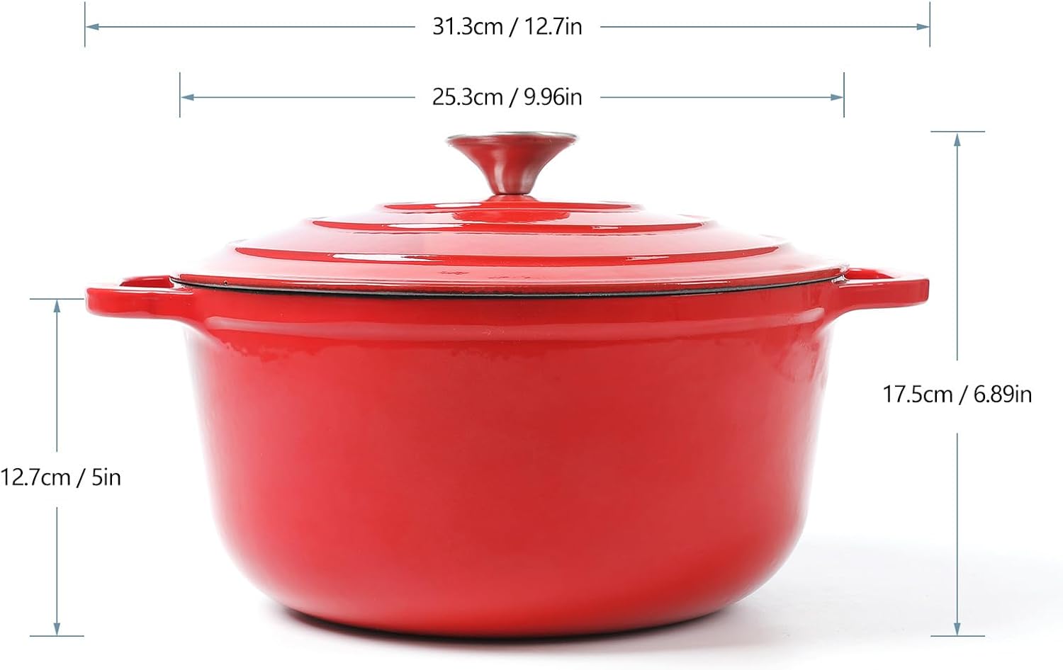 Horno holandés de hierro fundido esmaltado con tapa, 5 cuartos de galón, horno holandés redondo profundo con asas dobles, rojo