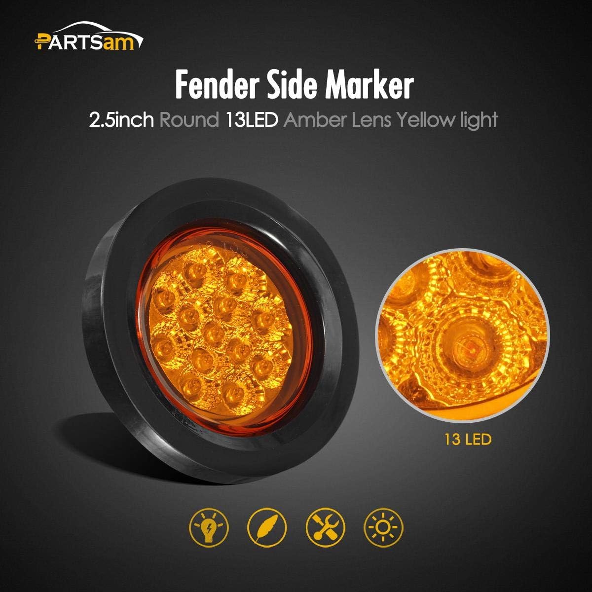 Partsam Juego de 10 luces LED redondas ámbar de 2.5 pulgadas, 13 diodos con ojal de luz y alambre para remolque, remolque, remolque, rv, resistente