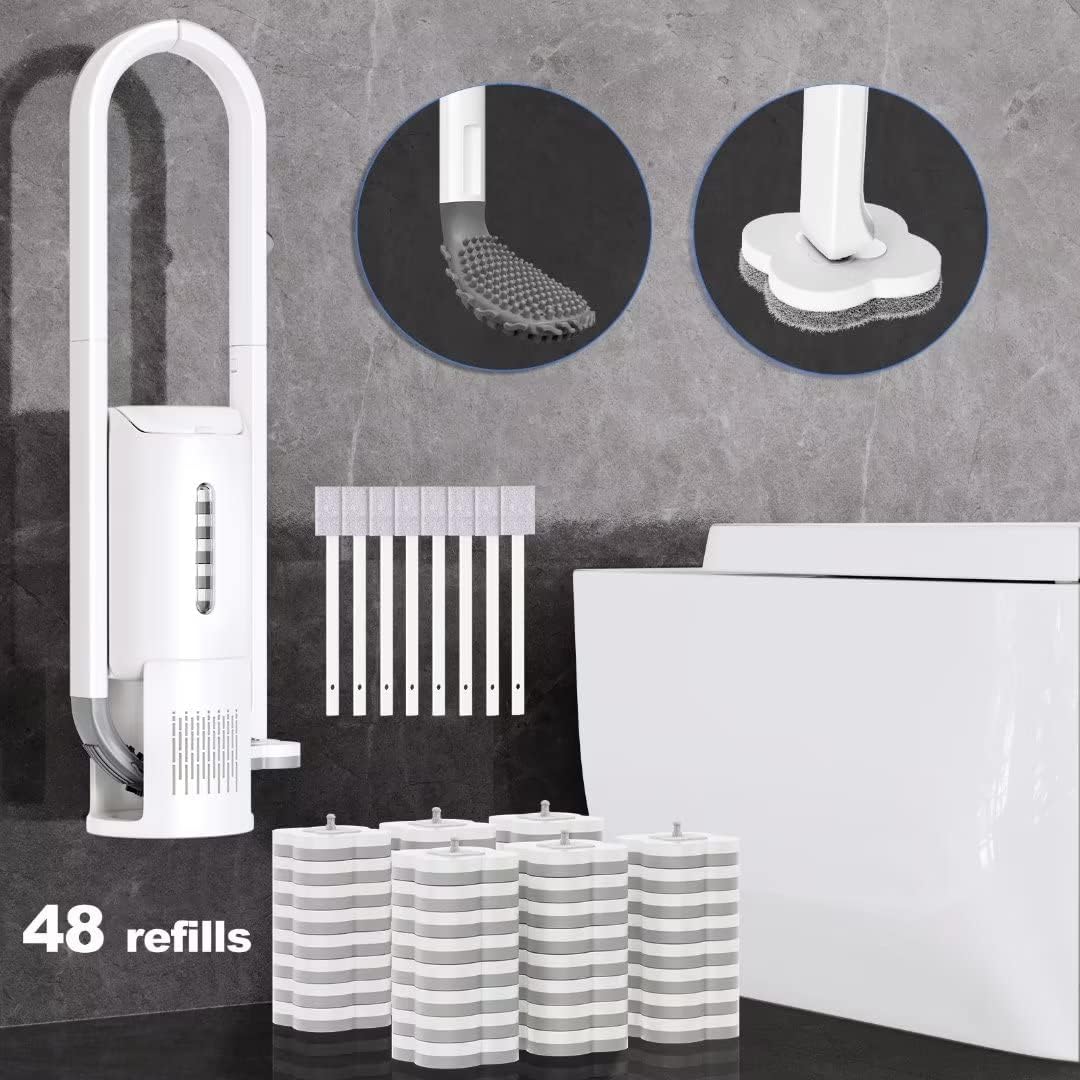DAWUSU Juego de escobillas de inodoro con 2 cepillos diferentes. Cepillo desechable para inodoro con 48 recambios de varita, cepillo de silicona