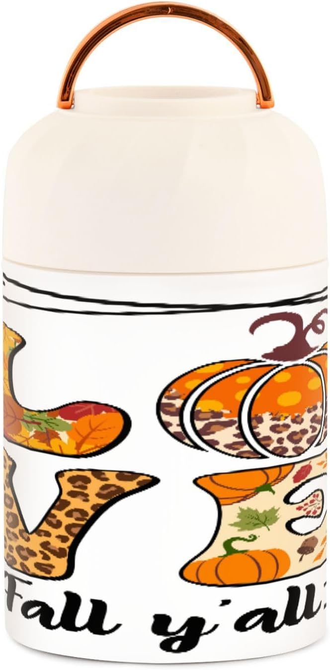 Love Fall Y’all Design Thermos Food Jar for Hot and Cold, Crastive Autumn Season Insulated Hot Food Jars Vacuum 17OZ with Folding Spoon for School